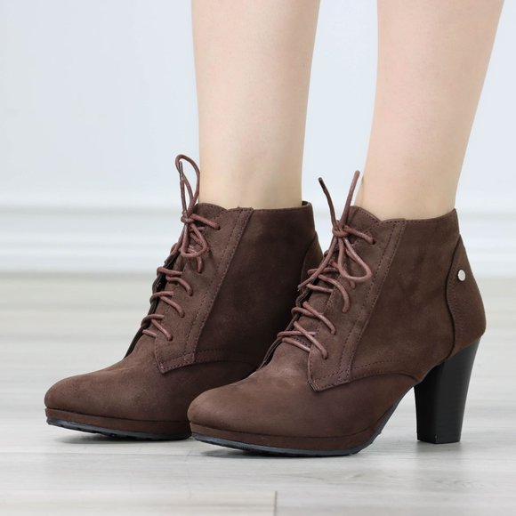 Womens Ankle Boots Lace Up Block Heel Booties Brown Faux Suede - Picture 10 of 11